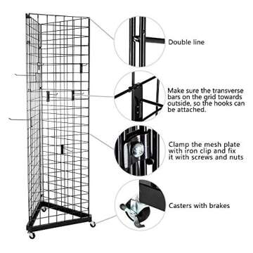 Bonnlo 6' x 2' Triangle Wire Grid Panel Tower with Base and Casters, 5mm Wire, 220 Weight Capacity Wire Grid Wall Display Rack with 3 Sizes x 6 Hooks