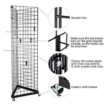 Bonnlo 6' x 2' Triangle Wire Grid Panel Tower with Base and Casters, 5mm Wire, 220 Weight Capacity Wire Grid Wall Display Rack with 3 Sizes x 6 Hooks