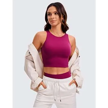 CRZ YOGA Womens Butterluxe Double Lined Cropped Tank Tops High Neck Racerback Tanks Sleeveless Casual Workout Crop Top Magenta Purple Small