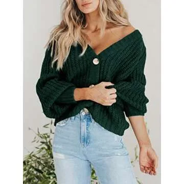 PRETTYGARDEN Women's Long Sleeve Plain Button Down Sweater Classic V-Neck Knit Cardigan Open Loose Outwear Coats (Dark Green,Small)