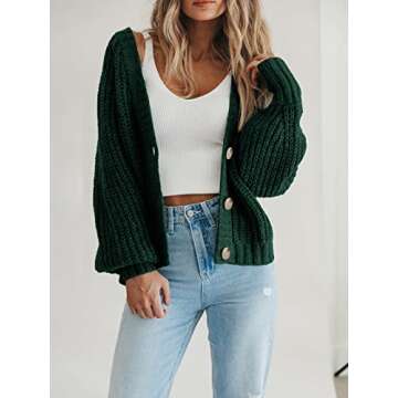 PRETTYGARDEN Women's Long Sleeve Plain Button Down Sweater Classic V-Neck Knit Cardigan Open Loose Outwear Coats (Dark Green,Small)