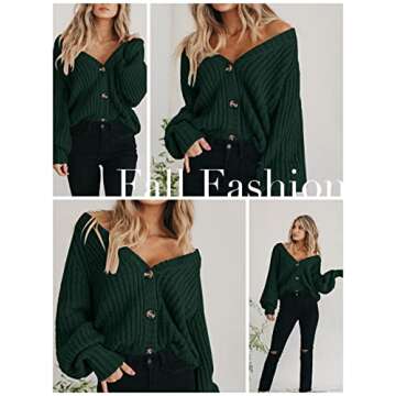 PRETTYGARDEN Women's Long Sleeve Plain Button Down Sweater Classic V-Neck Knit Cardigan Open Loose Outwear Coats (Dark Green,Small)