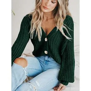 PRETTYGARDEN Women's Long Sleeve Plain Button Down Sweater Classic V-Neck Knit Cardigan Open Loose Outwear Coats (Dark Green,Small)