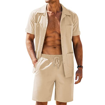 COOFANDY Men's Stylish 2-Piece Guayabera Shirts Set for Casual & Beach Outings