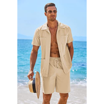COOFANDY Men's Guayabera Shirts Set Casual Beach Outfits