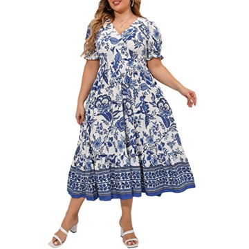 MakeMeChic Women's Plus Size Boho Floral Maxi Dress Curvy Short Sleeve Shirred Squared Neck Flomal L...