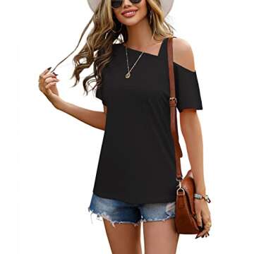 JINKESI Women's Short Sleeve Tunic Tops Casual Summer Cold Shoulder Blouse Shirts Black-Large