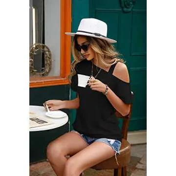 JINKESI Women's Short Sleeve Tunic Tops Casual Summer Cold Shoulder Blouse Shirts Black-Large