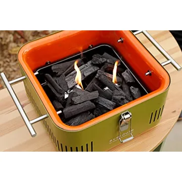 Everdure Cube Portable Charcoal Grill, Tabletop BBQ, Perfect Tailgate, Beach, Patio, or Camping Grill, Lightweight & Compact Small Grill with Preparation Board & Food Storage Tray, Khaki