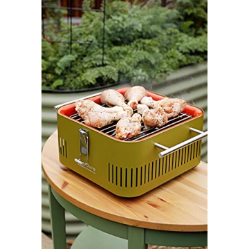 Everdure Cube Portable Charcoal Grill, Tabletop BBQ, Perfect Tailgate, Beach, Patio, or Camping Grill, Lightweight & Compact Small Grill with Preparation Board & Food Storage Tray, Khaki