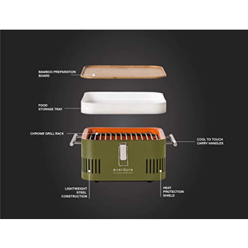 Everdure Cube Portable Charcoal Grill, Tabletop BBQ, Perfect Tailgate, Beach, Patio, or Camping Grill, Lightweight & Compact Small Grill with Preparation Board & Food Storage Tray, Khaki