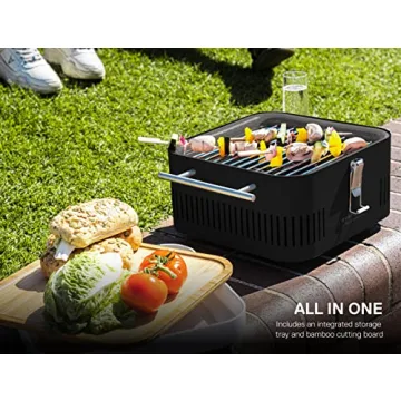 Everdure Cube Portable Charcoal Grill, Tabletop BBQ, Perfect Tailgate, Beach, Patio, or Camping Grill, Lightweight & Compact Small Grill with Preparation Board & Food Storage Tray, Khaki