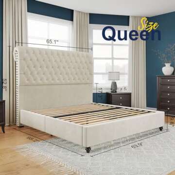 Jocisland Upholstered Bed Frame Queen Velvet Tufted Sleigh Headboard Cream