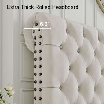 Jocisland Upholstered Bed Frame Queen Velvet Tufted Sleigh Headboard Cream