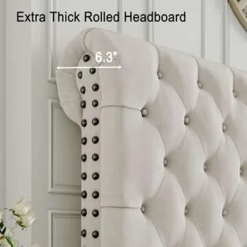 Jocisland Upholstered Bed Frame Queen Velvet Tufted Sleigh Headboard Cream