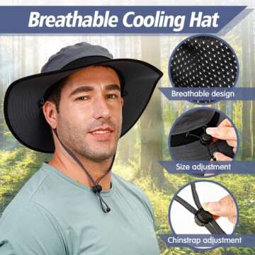 Outdoor Fishing Boonie Sun Hat: Cooling UV Protection Bucket Hat Breathable&Adjustable Safari Sunhat with Foldable Wide Brim - Waterproof Rain Hat for Hiking Gardening Grey