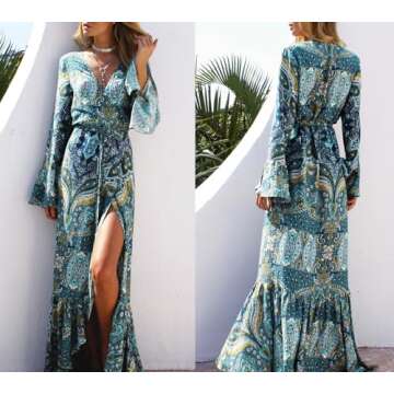 R.Vivimos Women Summer Long Sleeve Cardigan Sexy Maxi Long Dresses, 12/14, Lake Blue