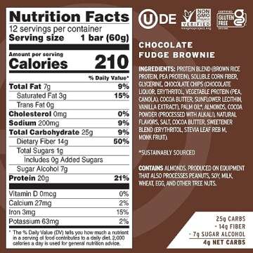 No Cow High Protein Bars, Chocolate Fudge Brownie - Healthy Snacks, 20g Vegan Protein, High Fiber, Low Sugar, Keto Friendly, Dairy & Gluten Free (12 Count)