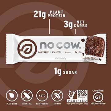 No Cow High Protein Bars, Chocolate Fudge Brownie - Healthy Snacks, 20g Vegan Protein, High Fiber, Low Sugar, Keto Friendly, Dairy & Gluten Free (12 Count)