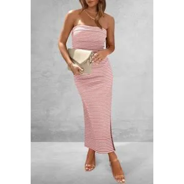 PRETTYGARDEN Women's Summer Bodycon Maxi Tube Dress Ribbed Strapless Side Slit Long Going Out Casual Elegant Party Dresses (Striped Pink White,Small)