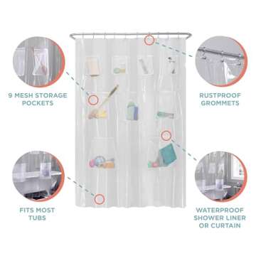 Zenna Home Clear Shower Curtain Liner with 9 Mesh Storage Pockets, Waterproof PEVA, 70" x 72" Inches, Transparent Shower Liner for Bathtubs with Rustproof Grommets, Premium Bathroom Shower Organizer