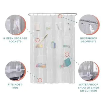 Zenna Home Clear Shower Curtain Liner with 9 Mesh Storage Pockets, Waterproof PEVA, 70" x 72" Inches, Transparent Shower Liner for Bathtubs with Rustproof Grommets, Premium Bathroom Shower Organizer