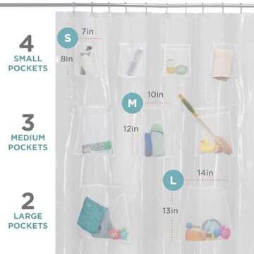 Zenna Home Clear Shower Curtain Liner with 9 Mesh Storage Pockets, Waterproof PEVA, 70" x 72" Inches, Transparent Shower Liner for Bathtubs with Rustproof Grommets, Premium Bathroom Shower Organizer