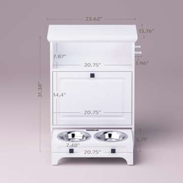 Roomfitters Modern Pet Feeding Station Furniture with 2 Elevated Dog Bowls, Dog Proof Hidden Design, Tilt Out Dog Food Storage Cabinet, Pet Toy Storage Organizer, White