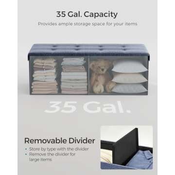 SONGMICS Mazie Collection - 43 Inches Folding Storage Ottoman Bench, Ottoman Foot Rest, End of Bed Bench, Storage Chest, Load 660 lb, for Living Room, Bedroom, Entryway, Misty Blue ULSF077Q01