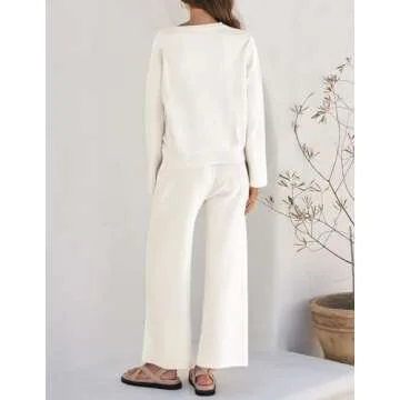 ZESICA Women's 2 Piece Outfits Set Casual Long Sleeve Knit Pullover Top and Wide Leg Pants Sweatsuit Lounge Sets,Cream,Large