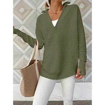 ANRABESS Women's 2024 Fall Long Sleeve Half Zip Casual Oversized Ribbed Knit Pullover Sweater Top Thumb Hole Trendy Outfits Army Green Large