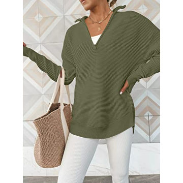 ANRABESS Women's 2024 Fall Long Sleeve Half Zip Casual Oversized Ribbed Knit Pullover Sweater Top Thumb Hole Trendy Outfits Army Green Large