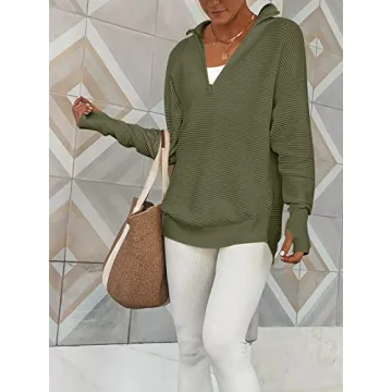 ANRABESS Women's 2024 Fall Long Sleeve Half Zip Casual Oversized Ribbed Knit Pullover Sweater Top Thumb Hole Trendy Outfits Army Green Large