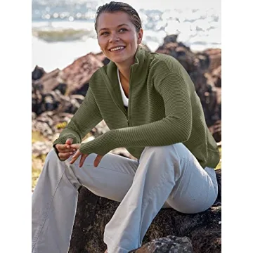 ANRABESS Women's 2024 Fall Long Sleeve Half Zip Casual Oversized Ribbed Knit Pullover Sweater Top Thumb Hole Trendy Outfits Army Green Large