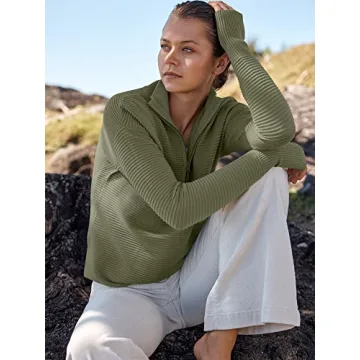 ANRABESS Women's 2024 Fall Long Sleeve Half Zip Casual Oversized Ribbed Knit Pullover Sweater Top Thumb Hole Trendy Outfits Army Green Large