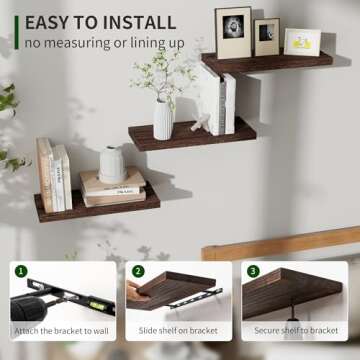Marsmiles Wood Floating Shelves for Wall Set of 3, 17 Inch Wide Rustic Wooden Floating Shelves, Invisible Wall Mounted Display for Living Room Bedroom Kitchen Bathroom Office, Rustic Brown