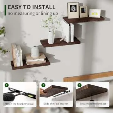 Marsmiles Wood Floating Shelves for Wall Set of 3, 17 Inch Wide Rustic Wooden Floating Shelves, Invisible Wall Mounted Display for Living Room Bedroom Kitchen Bathroom Office, Rustic Brown