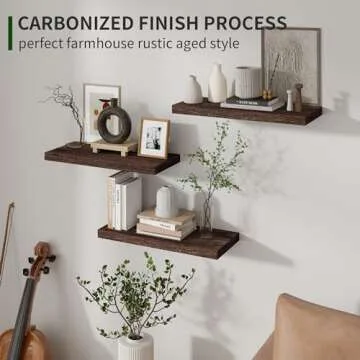 Marsmiles Wood Floating Shelves for Wall Set of 3, 17 Inch Wide Rustic Wooden Floating Shelves, Invisible Wall Mounted Display for Living Room Bedroom Kitchen Bathroom Office, Rustic Brown