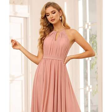 deamify Halter Neck Ruched Chiffon Bridesmaid Dresses for Women 2025 Summer Mustard Yellow Sleeveles...
