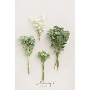 Ling's Moment Artificial Greenery Stems Box Set, 15pcs with 4 Kinds of Faux Greenery Picks for DIY Bridal Bouquets Wedding Floral Arrangement Table Centerpieces, Tender Green & Sage Green