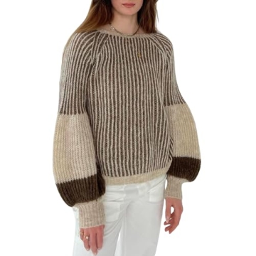 Women's Chunky Pullover Sweaters Oversized Warm Contrast Color Crewneck Drop Shoulder Long Lantern S...