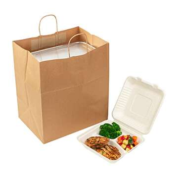 AmerCareRoyal Case of 200 Recyclable Kraft Paper Bags with Twisted Handles - Eco-Friendly Brown Groc...