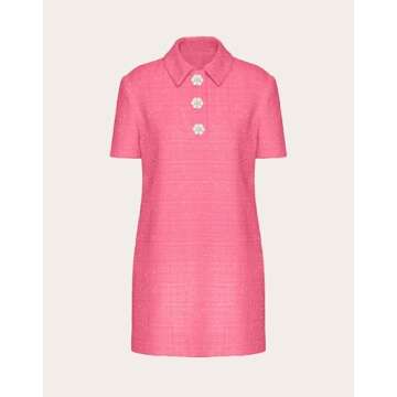 YEXPINE Tweed Mini Shift Dress with Polo Collar and Rhinestones