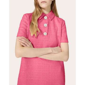 YEXPINE Tweed Mini Shift Dress with Polo Collar and Rhinestones