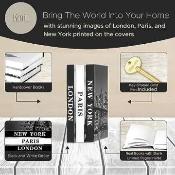3 Decorative Books for Home Decor with Blank Pages, Coffee Table Books, Black and White Decor,Fake Books, Designer Books Set for Living Room, Faux Books for Decoration,(Includes a Decorative Gold Pen)