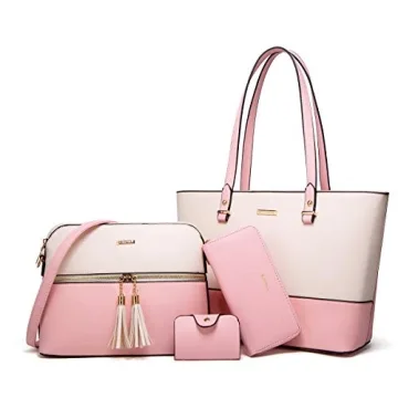 Women Fashion Handbags Wallet Tote Bag Shoulder Bag Top Handle Satchel Purse Set 4pcs Pink-beige-c