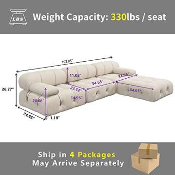 MGH Convertible Modular Minimalist Sofa with Ottomans, L-Shaped Velvet Sectional Couches, 4-Seat Sof...