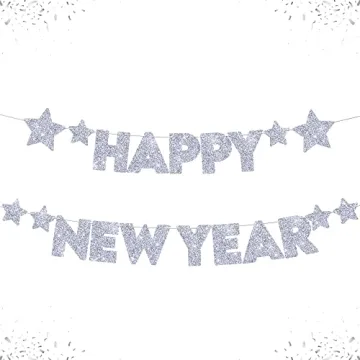 KatchOn Glitter Happy New Year Banner Silver - Pre-Strung, 10 Feet - No DIY | Happy New Year Sign fo...