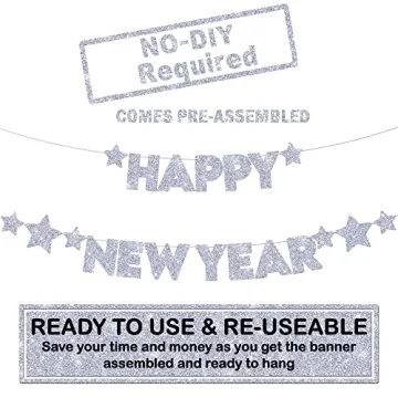 KatchOn Glitter Happy New Year Banner Silver - Pre-Strung, 10 Feet - No DIY | Happy New Year Sign for Happy New Years Decorations 2025 | New Years Eve Party Supplies 2025 Silver | NYE Decorations 2025