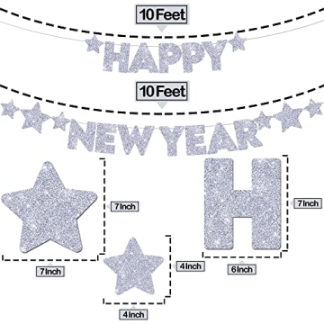 KatchOn Glitter Happy New Year Banner Silver - Pre-Strung, 10 Feet - No DIY | Happy New Year Sign for Happy New Years Decorations 2025 | New Years Eve Party Supplies 2025 Silver | NYE Decorations 2025